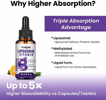 Liposomal Vitamin B Complex Liquid with Methylated B12, B1, B2, B3, B5, B6, Folate, Biotin - Energy & Immune Support, 240 mL