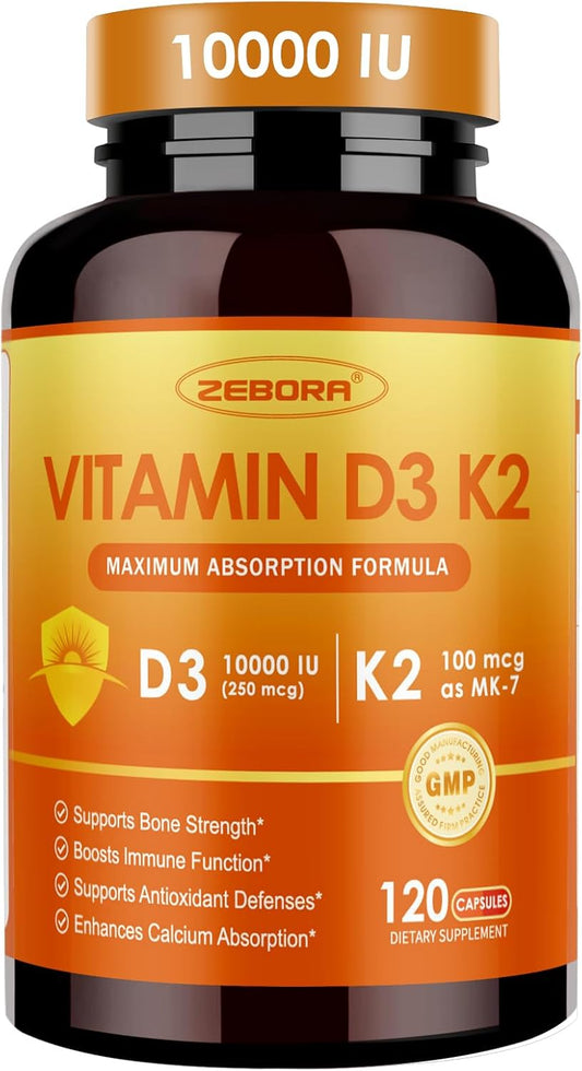 ZEBORA Vitamin D3 K2 - Maximum Strength – Bone Health: By promoting calcium absorption and directing it to bones, – Image 1