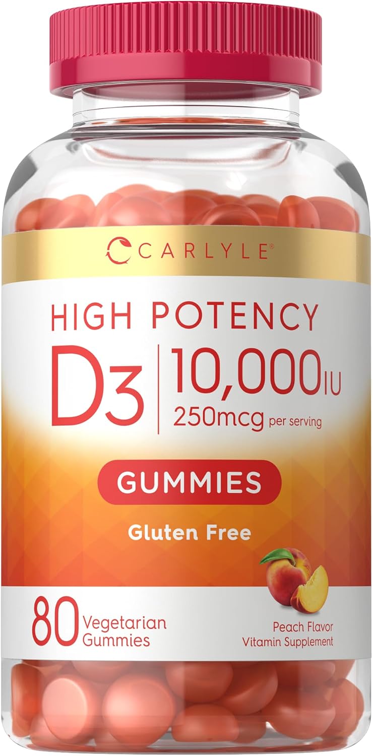 Carlyle Vitamin D3 10000 IU Gummies for Adults - 80 Count, Peach Flavoured, High Potency, Vegetarian, Non-GM, Gluten Free - görsel 1