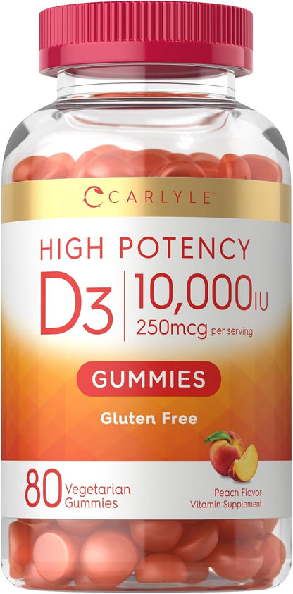 Carlyle Vitamin D3 10000 IU Gummies for Adults - 80 Count, Peach Flavoured, High Potency, Vegetarian, Non-GM, Gluten Free