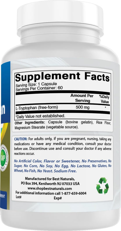 Best Naturals L-Tryptophan 500 mg - 60 Capsules (Pack of 3)