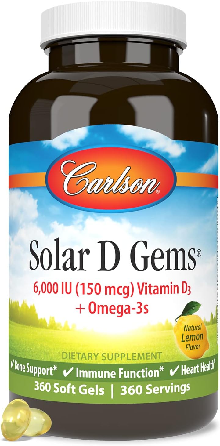 Carlson Solar D Gems, Vitamin D3 & Omega-3 Supplement, 6000 IU (150 mcg) Vitamin D3, 115 mg Omega-3s EPA and DHA, Lemon, 360 Softgels - görsel 5