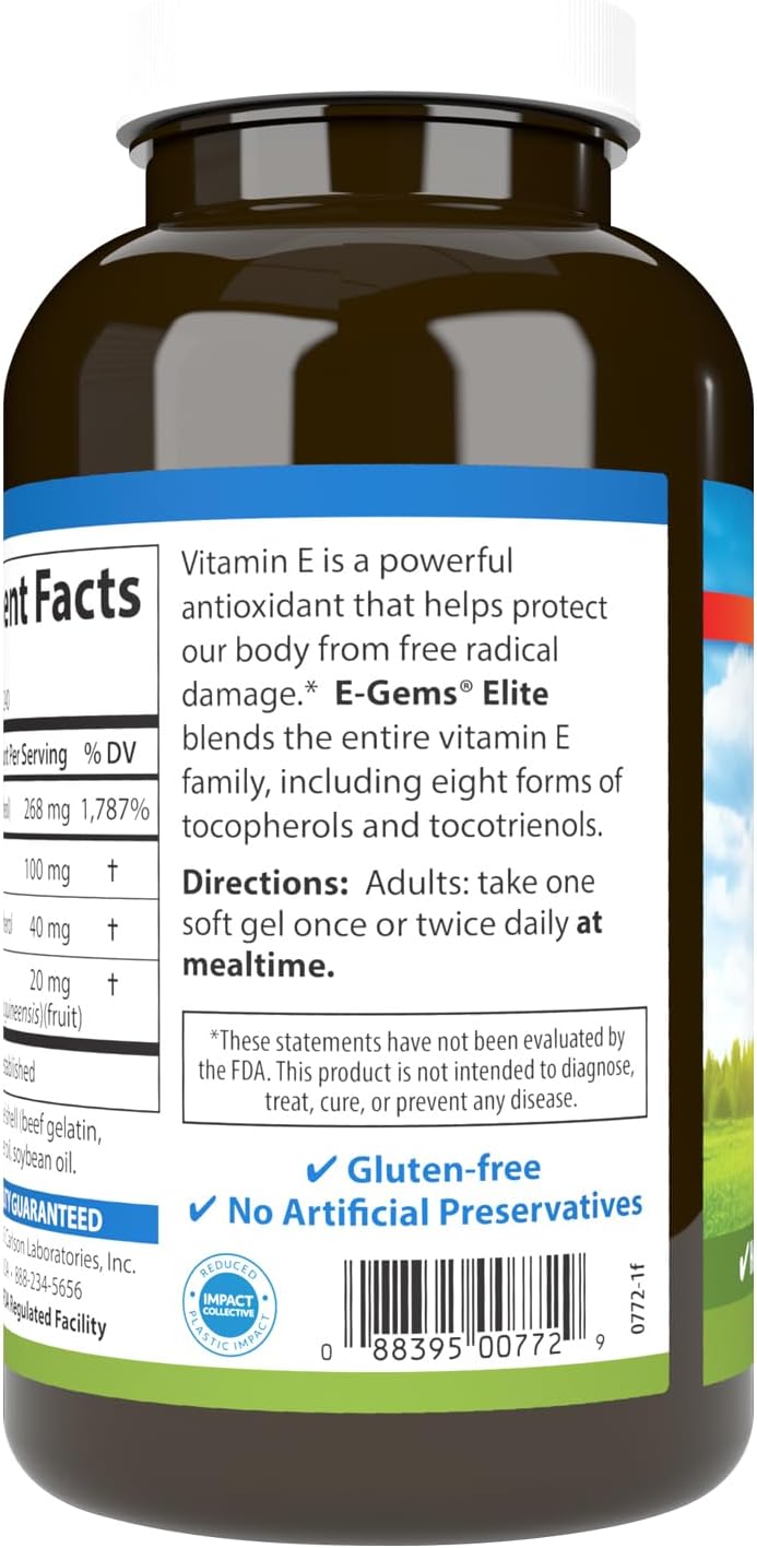 Carlson E-Gems Elite 400 IU Vitamin E with Tocopherols & Tocotrienols, 240 Softgels - görsel 3