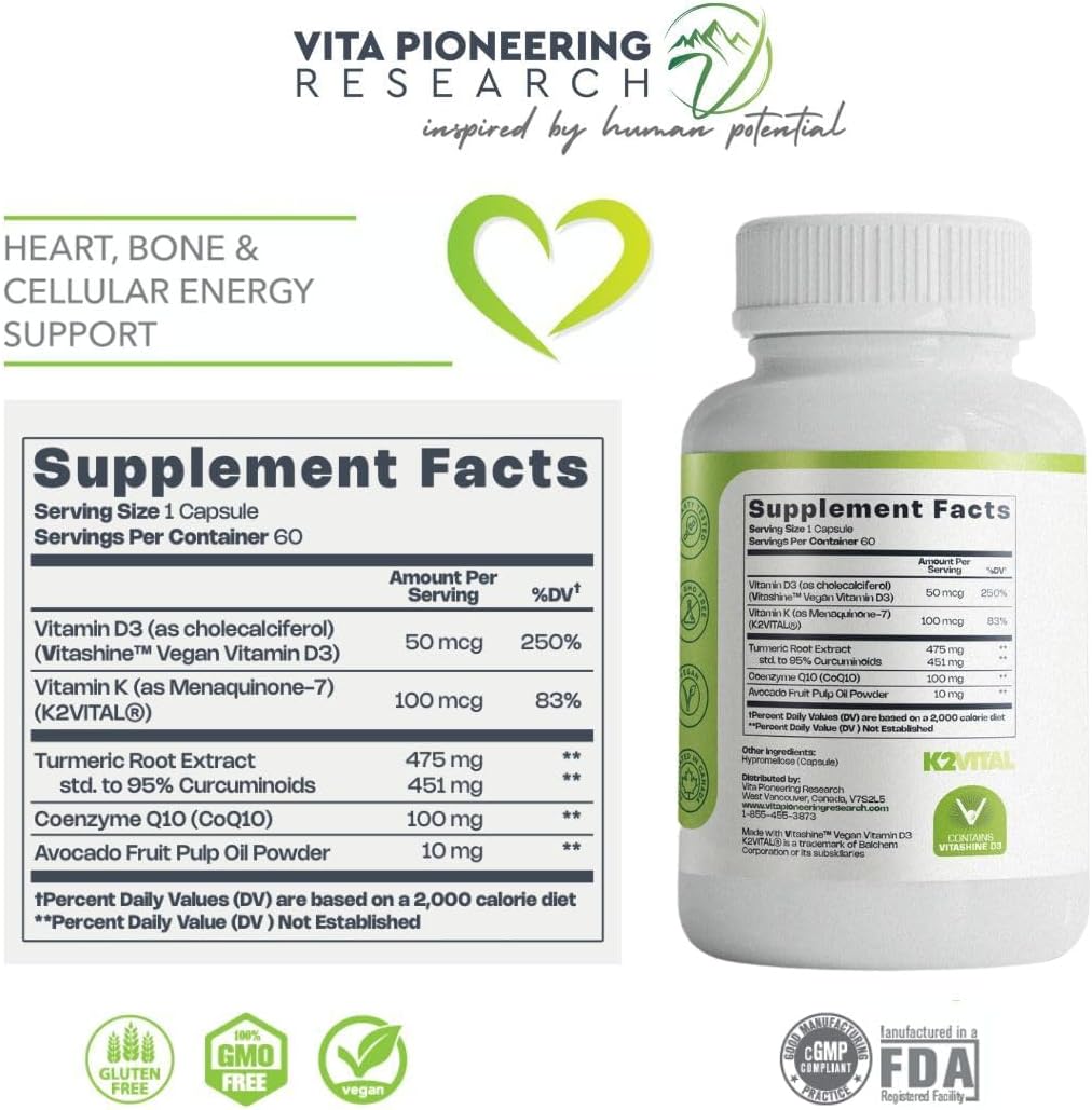 Vita Pioneering Research 5-in-1 Vitamin D3 2000IU + K2 MK-7 with Turmeric & CoQ10 - Enhanced Absorption with Avocado Powder - görsel 2