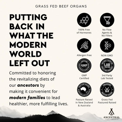 Ancestral Supplements Grass Fed Beef Organ Supplement – Whole Body Wellbeing Blend, 180 Capsules