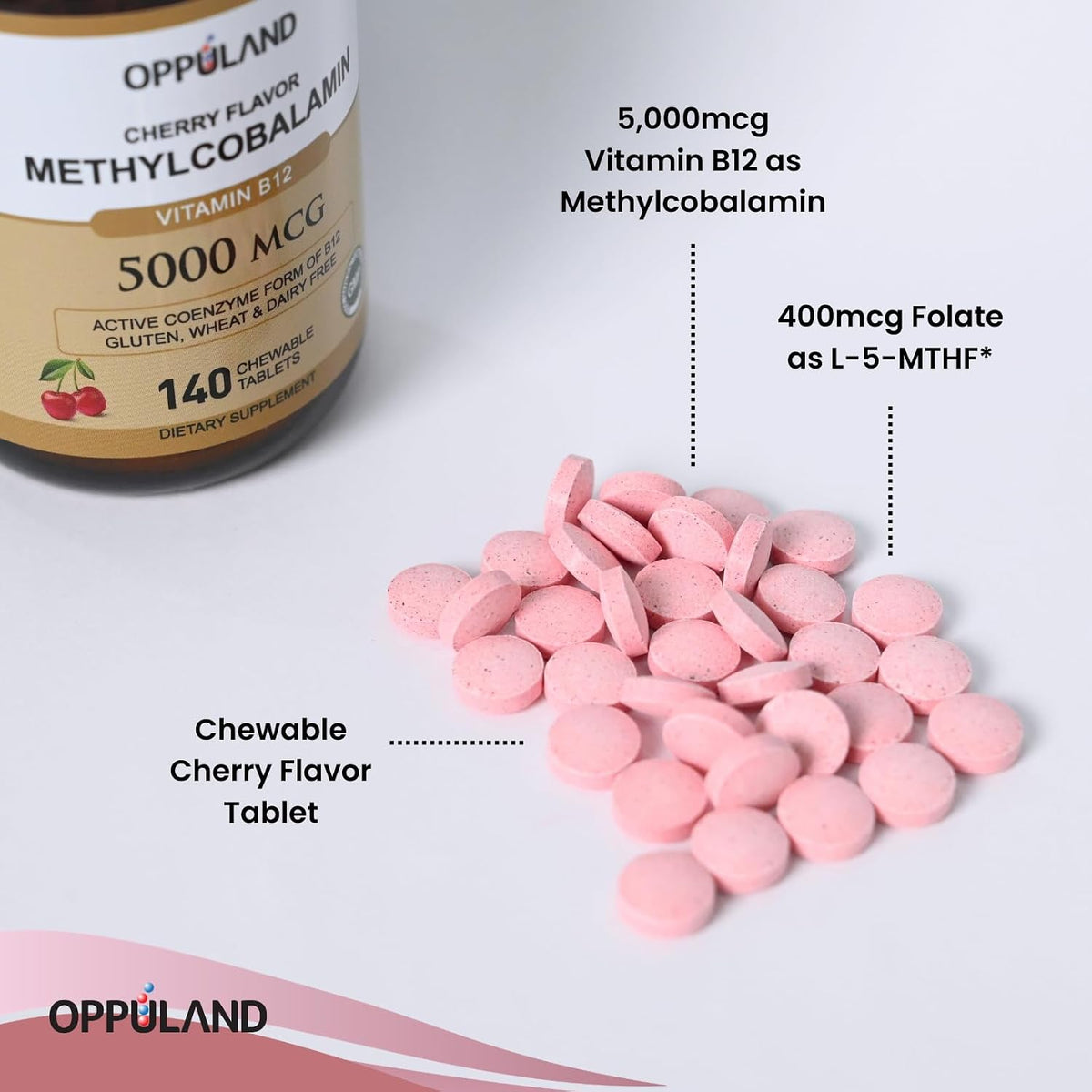 Oppuland Methyl B-12 5000mcg with Folate - – Easy to take: dissolve under tongue or chew – Image 5
