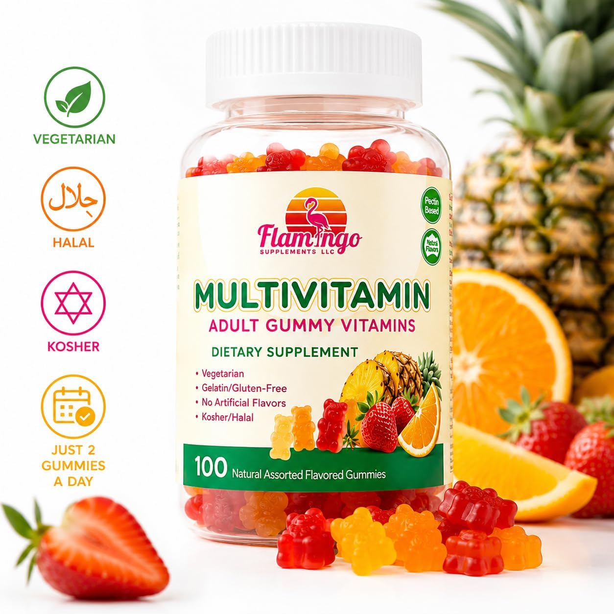 Flamingo Supplements Multivitamin Gummies | Vegan Friendly, Kosher Halal, No Gelatine, Non-GM | for Men, Women & Kids | 3 Natural Flavours | Vitamins C, B3, B12, Biotin, Zinc & More | 100 Gummies - görsel 4