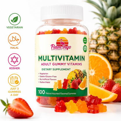 Flamingo Supplements Multivitamin Gummies | Vegan Friendly, Kosher Halal, No Gelatine, Non-GM | for Men, Women & Kids | 3 Natural Flavours | Vitamins C, B3, B12, Biotin, Zinc & More | 100 Gummies