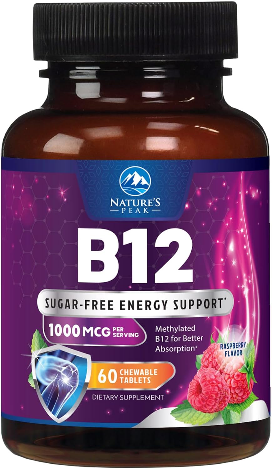 Nature's Peak Vitamin B12 Complex (Methylcobalamin) 1000 mcg - Chewable Tablets, Berry Flavour - 60 Count - görsel 1