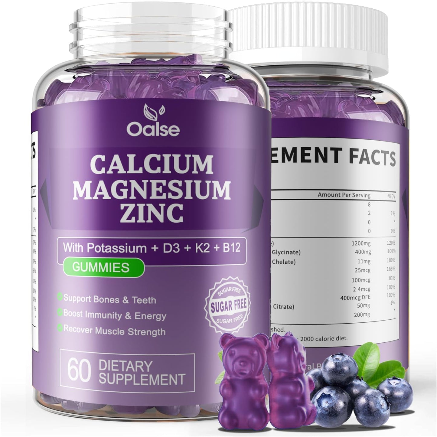 (120 Counts) Calcium Magnesium Zinc Gummies with Vitamin D3 & K2 - High Absorption Magnesium Glycinate - Muscles, Immune & Sleep Support - Sugar-free - Blueberry Flavoured - görsel 7