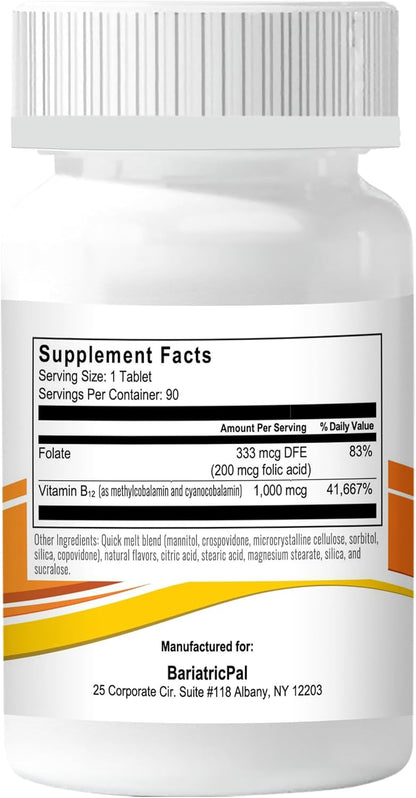 BariatricPal 1,000mcg B12 Sugar-free Quick – Plus Folic Acid: 200 mcg of folic acid (vitamin B9) works alongside – Image 2