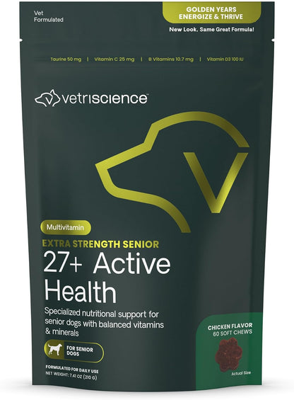 VetriScience Extra Strength Senior 27+ Active Health Chews, Golden Years Daily Multivitamin for Senior Dogs, Balanced Vitamins, Minerals, and Omega-3s, Ageing and Wellbeing Support, Chicken, 60 Count