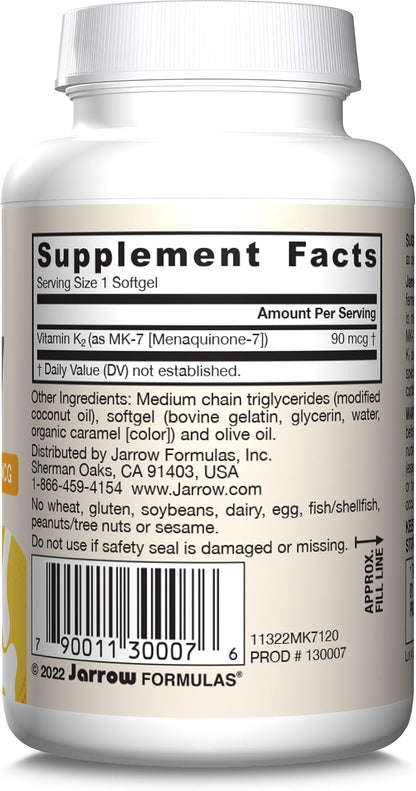 Jarrow Formulas MK-7 90mcg - Bioactive Vitamin K2 Supplement, 120 Softgels (12 Pack)