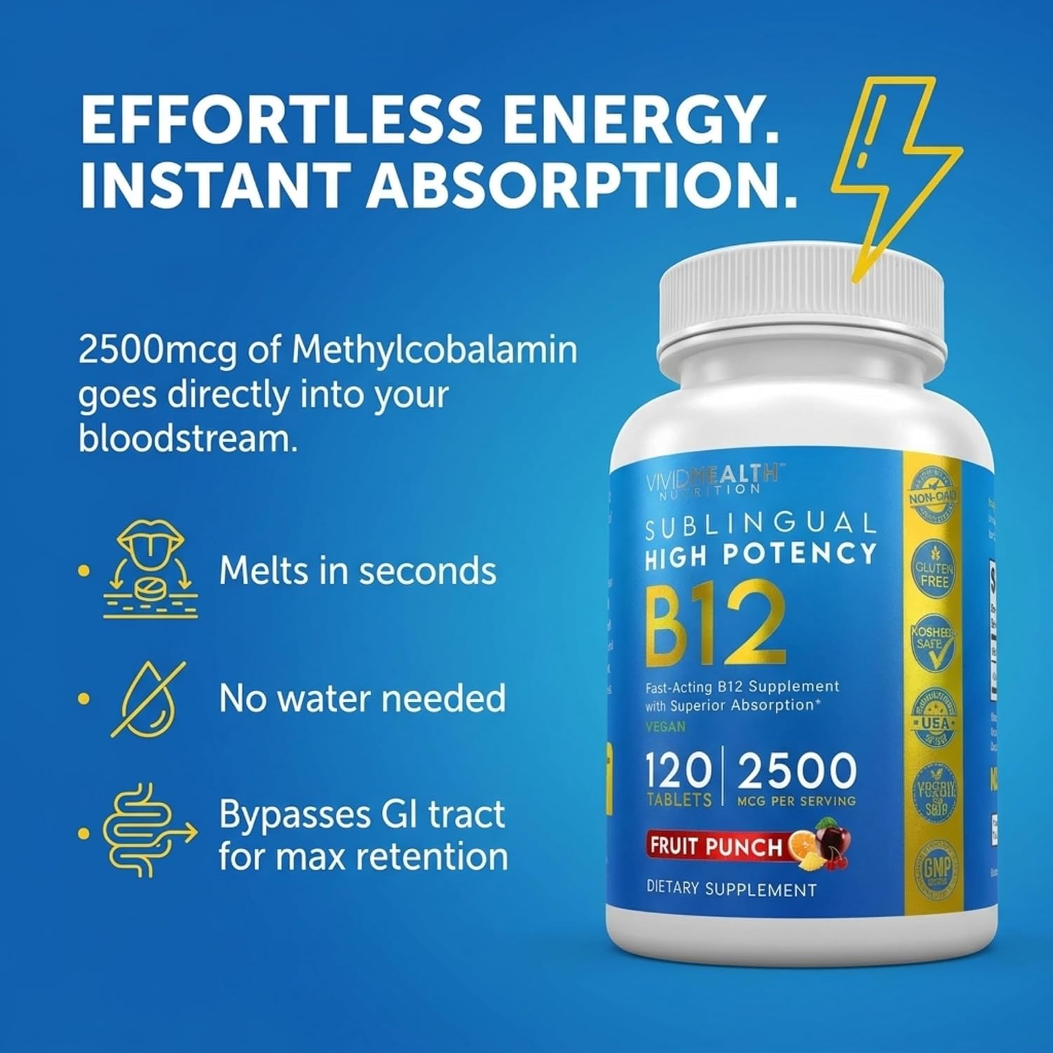Energy Boosting Vitamin B12 Sublingual | Quick Dissolve Vegan B-12 with Methylcobalamin, 120 Fruit Punch Tablets - görsel 5