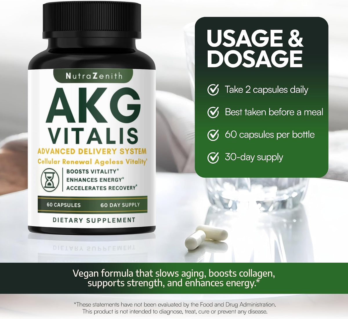 AKG Anti-Ageing & Energy Boost Supplement with Vitamin B6, Vitamin C & L-Arginine – 60 Capsules – Image 4