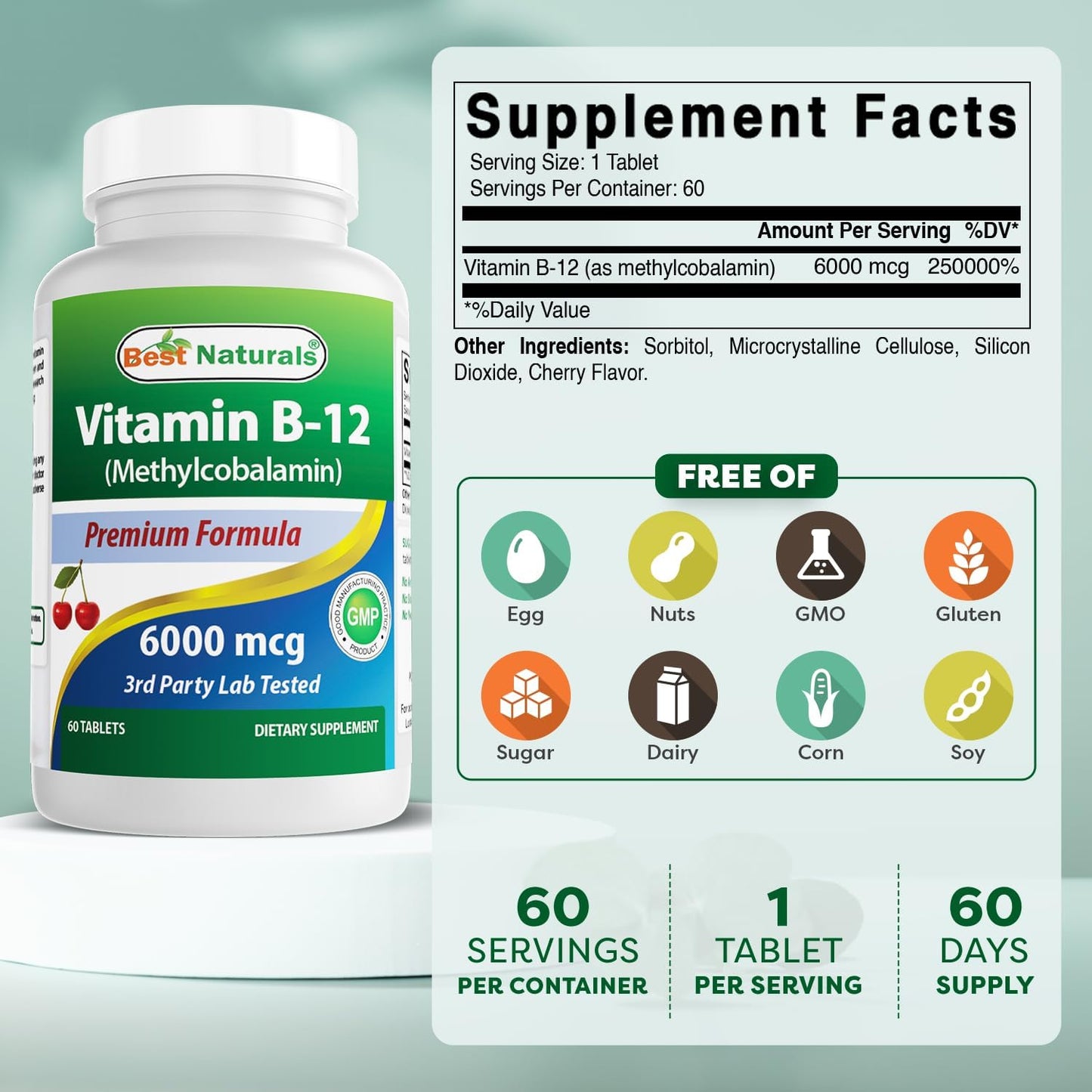 Best Naturals Vitamin B12 Methylcobalamin (Methyl B12), 6000 mcg, 60 Sublingual Tablets (Pack of 2) - görsel 2