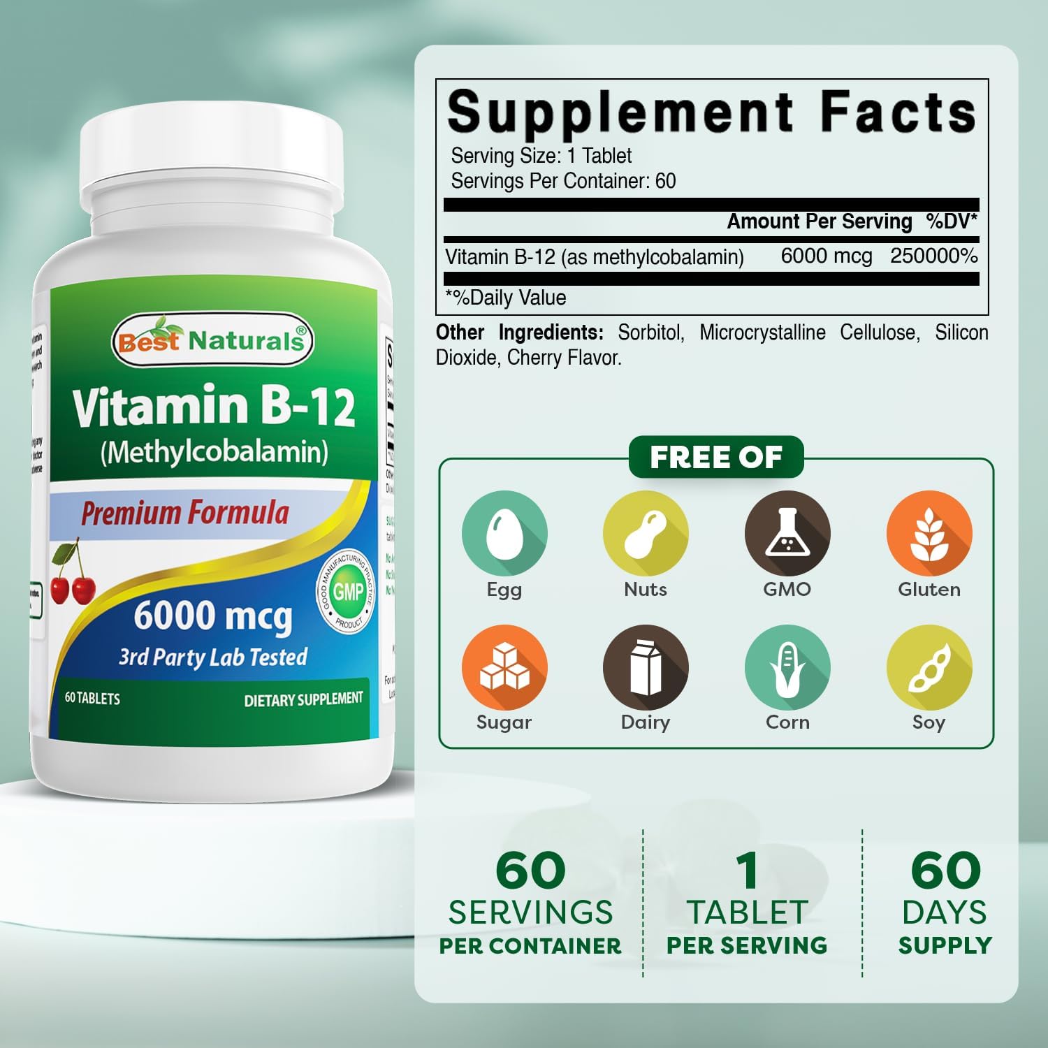 Best Naturals Vitamin B12 Methylcobalamin (Methyl B12), 6000 mcg, 60 Sublingual Tablets (Pack of 2) - görsel 2