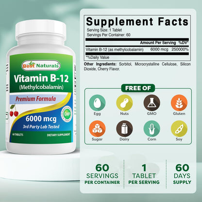 Best Naturals Vitamin B12 Methylcobalamin (Methyl B12), 6000 mcg, 60 Sublingual Tablets (Pack of 2)