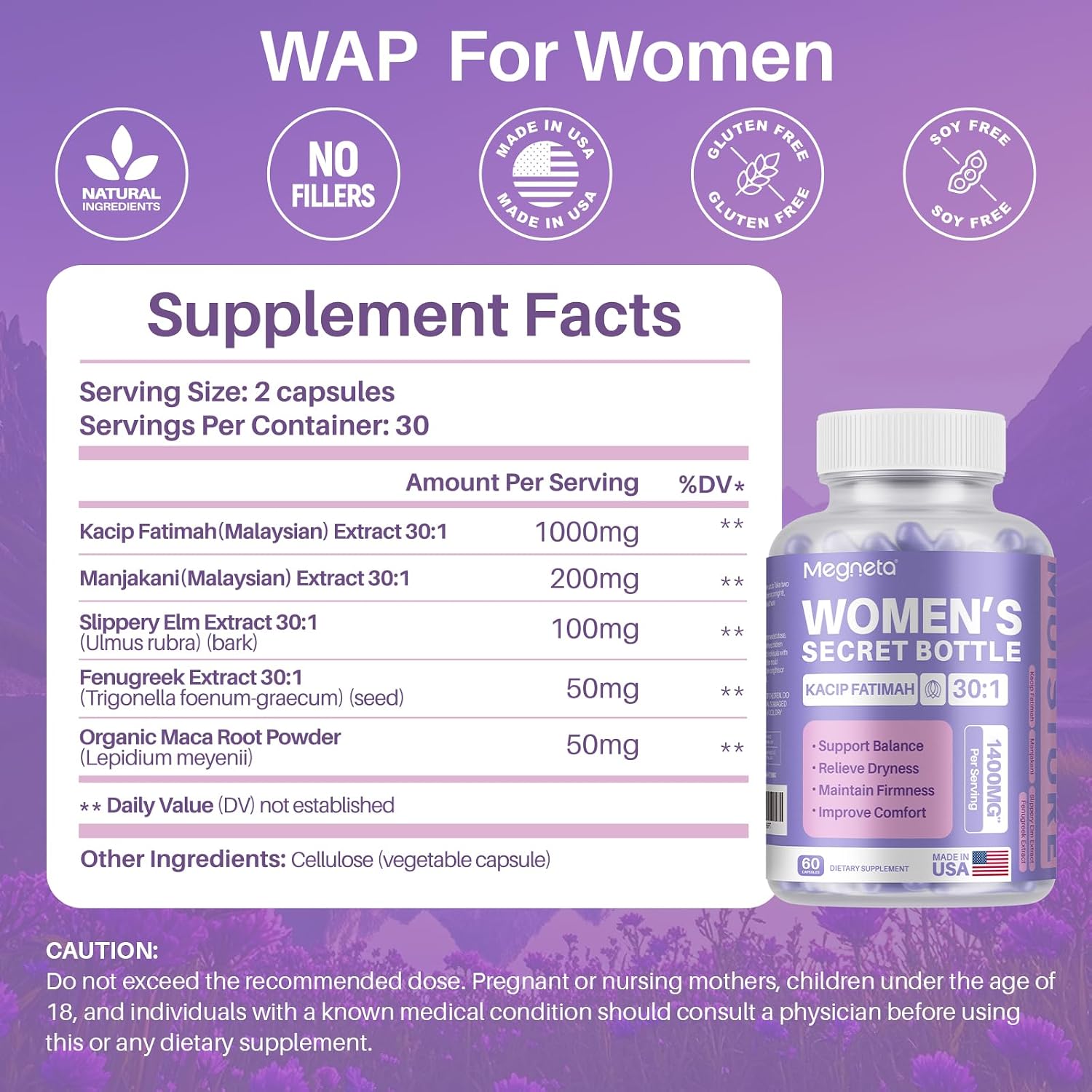 MEGNETA Women's's Wellbeing Herbal Blend – Kacip Fatimah, Fenugreek, Slippery Elm Bark, Manjakani – 60 Capsules - görsel 2