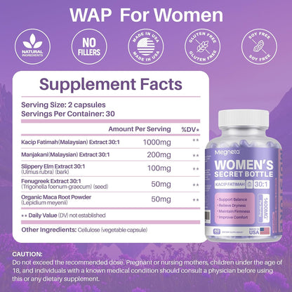 MEGNETA Women's's Wellbeing Herbal Blend – Kacip Fatimah, Fenugreek, Slippery Elm Bark, Manjakani – 60 Capsules