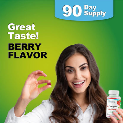 Vitamin B Complex Gummies – Vegan, GMO-Free, Gluten free, Strawberry Flavour – 90 Gummies
