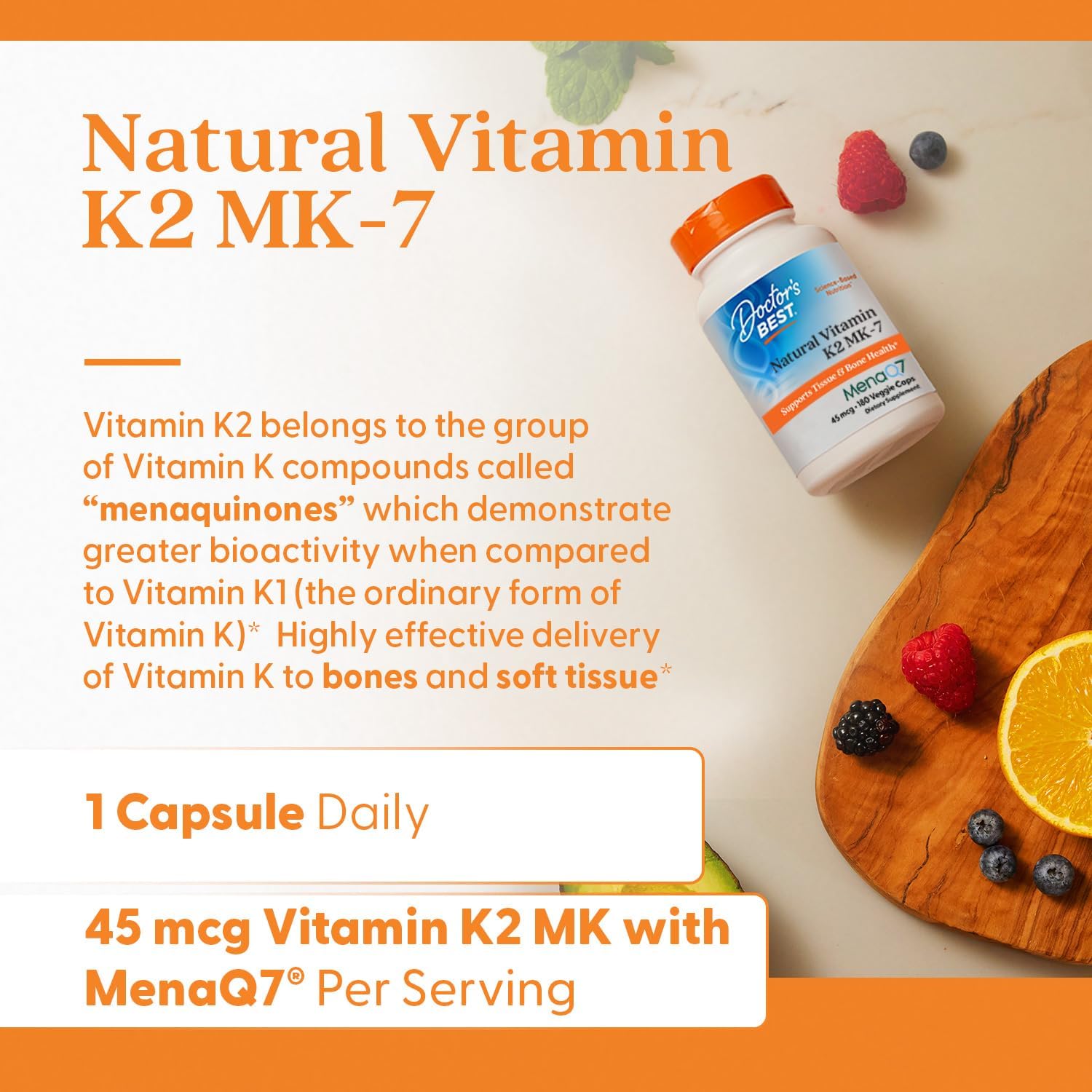 Doctor's Best Natural Vitamin K2 MK7 Supplement with MenaQ7 - 45 mcg, 180 Veg Caps - görsel 4