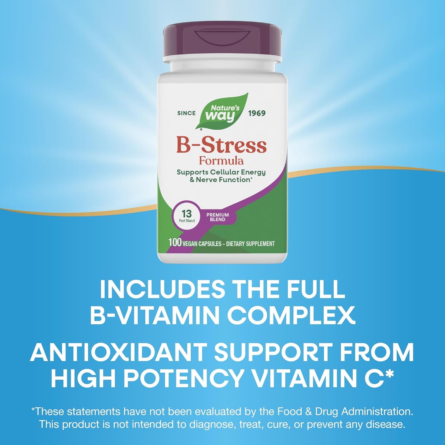 Nature's Way B-Stress Formula, Supports Energy & Nerve Function, with Vitamins C, B12, B6 & More, Gluten Free, 100 Vegan Capsules - görsel 4