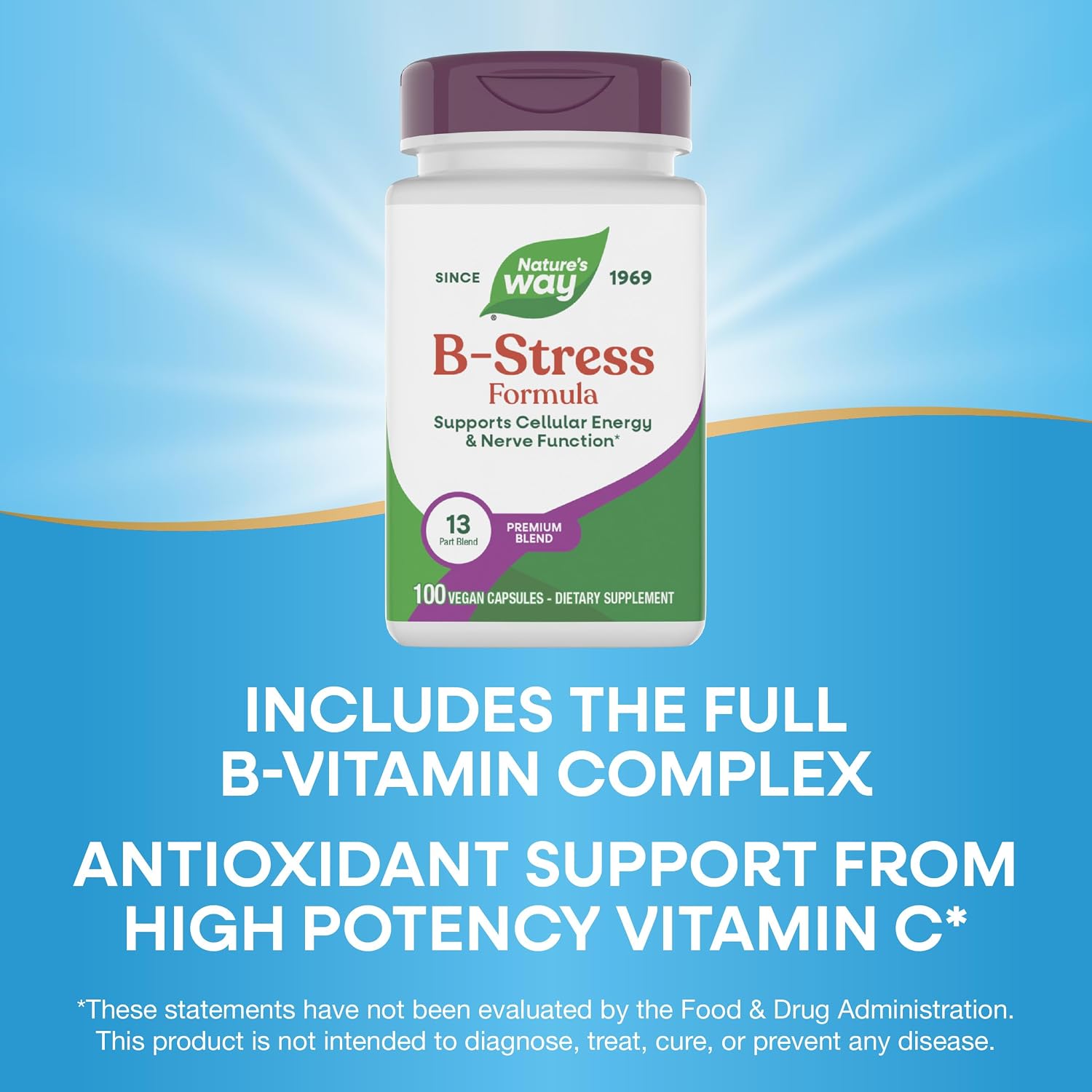 Nature's Way B-Stress Formula, Supports Energy & Nerve Function, with Vitamins C, B12, B6 & More, Gluten Free, 100 Vegan Capsules - görsel 4