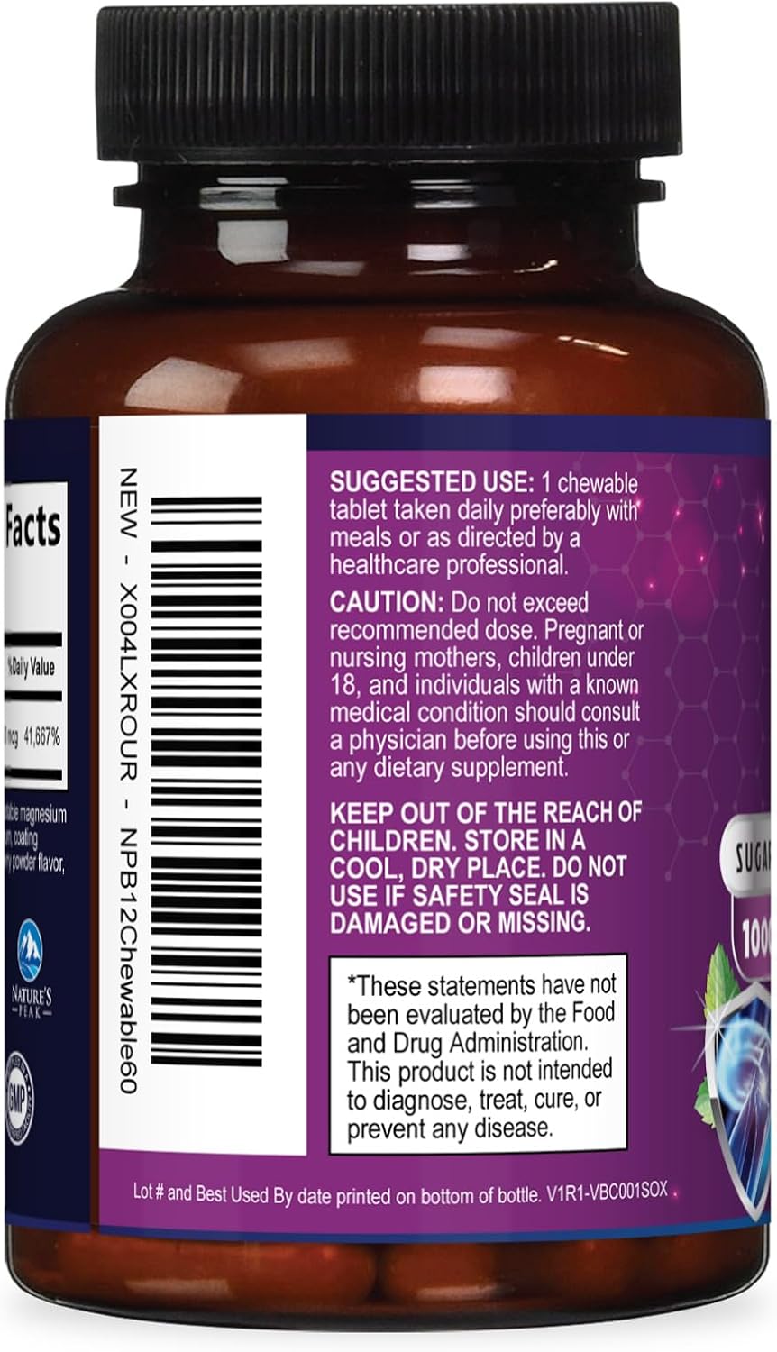 Nature's Peak Vitamin B12 Complex (Methylcobalamin) 1000 mcg - Chewable Tablets, Berry Flavour - 60 Count - görsel 8