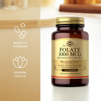 Solgar Folate 1000 mcg - 120 Tablets - 1000 mcg Bio-Active Metafolin - Vegan, Gluten free, Dairy-free, Kosher - 120 Servings