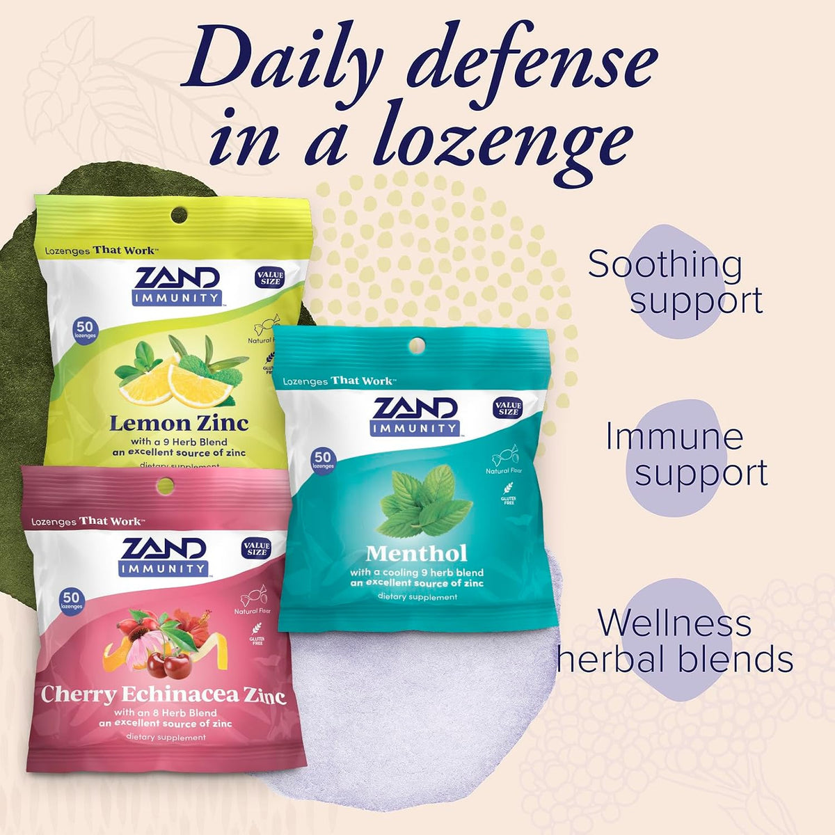 ZAND Immunity Variety 3 Pack - Lemon Zinc, Menthol, Cherry Echinacea Zinc Throat Lozenges - 50ct each – Image 3