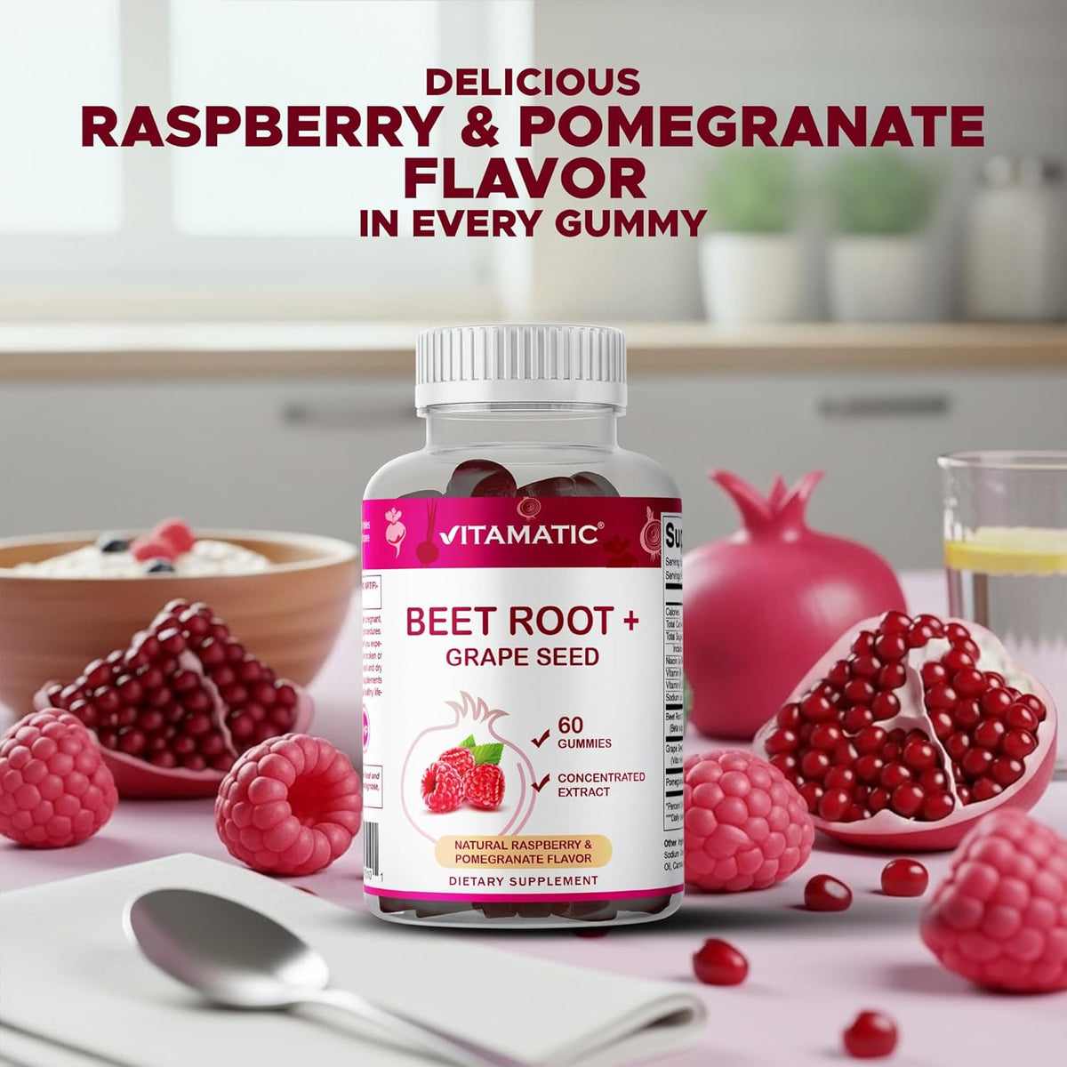 Vitamatic Beet Root Gummies with B6, B12, Grape Seed, Pomegranate & Niacin – Plant-Based Extract – Vegan, Non-GM – 120 Count – Image 6
