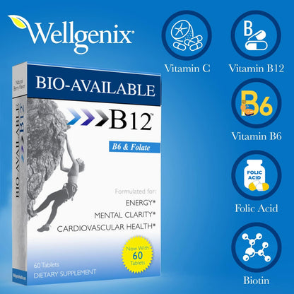 Wellgenix Bio Available Sublingual B12 - 60 Tablets per Pack (Pack of 2) - Daily Multivitamin with Vitamins C, B6, B12, Folate and Biotin