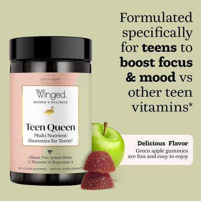Winged Wellbeing Teen Queen Multivitamin Gummies for Teen Girls – Mood & Hormonal Support – 60 Gummies