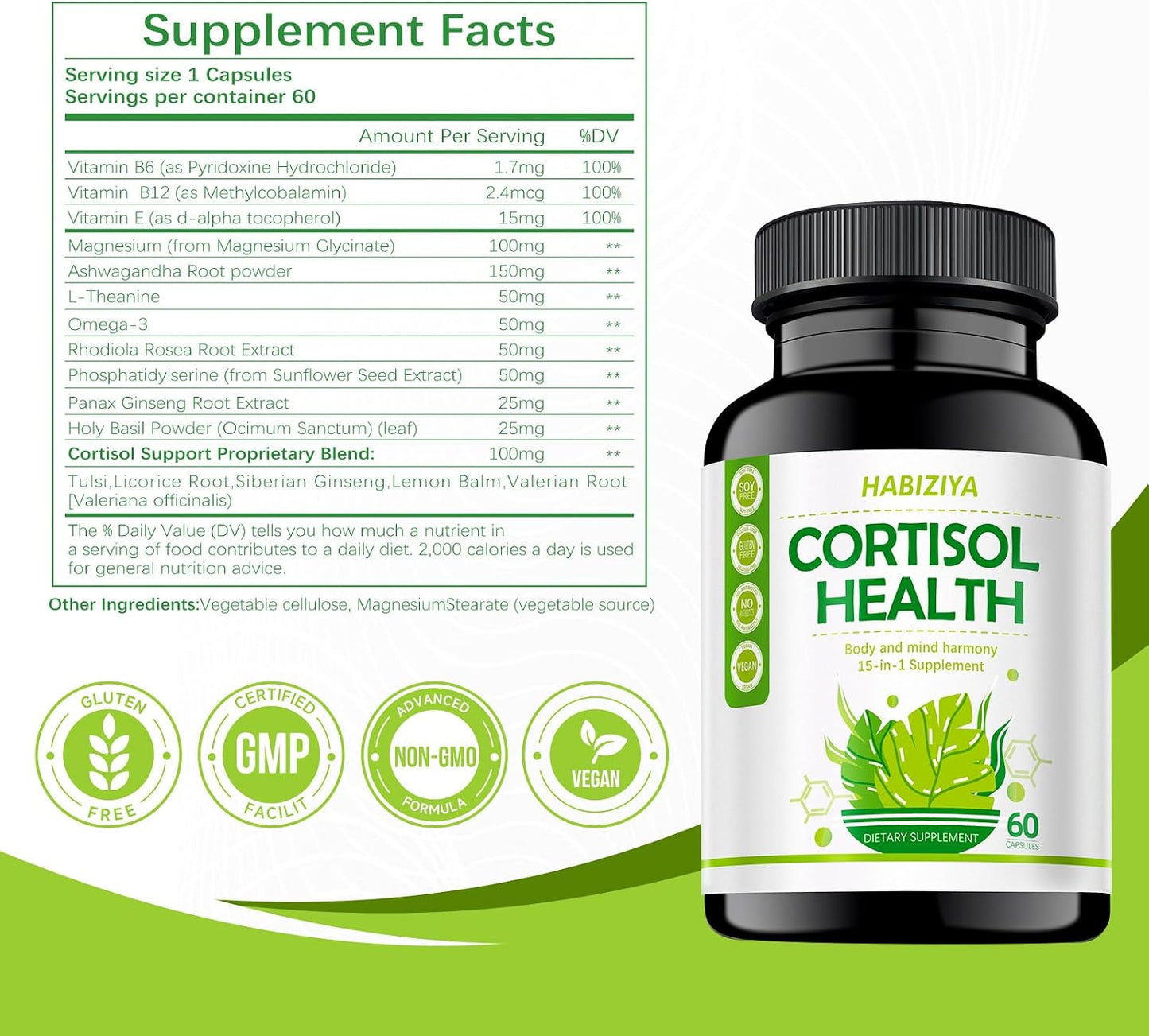 HABIZIYA Cortisol Support Supplement – 15-in-1 Hormone Balance with Magnesium Glycinate, Ashwagandha, L-Theanine – 60 Capsules - görsel 6