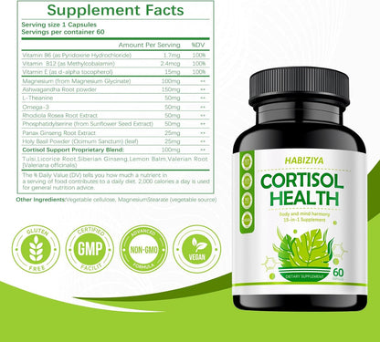 HABIZIYA Cortisol Support Supplement – 15-in-1 Hormone Balance with Magnesium Glycinate, Ashwagandha, L-Theanine – 60 Capsules
