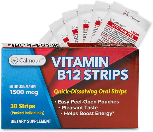 CALMOUR Vitamin B12 Strips - 30 Pack | 1500 – Follow a vegan or vegetarian diet: Since B12 is mainly found in – Image 1