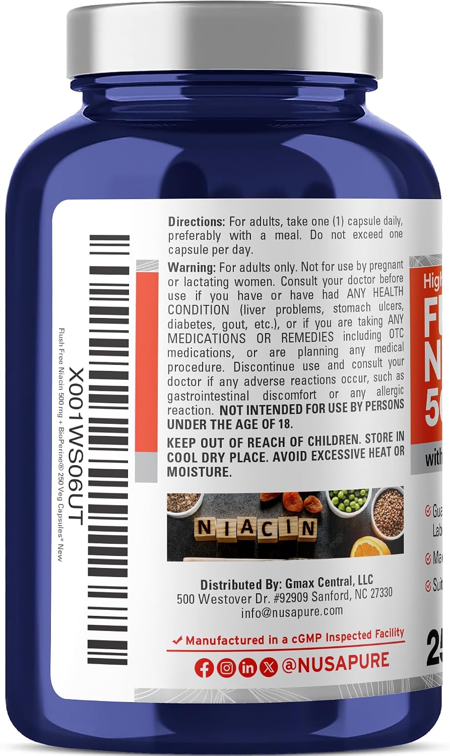 NusaPure Flush Free Niacin 500 mg – 250 Capsules - görsel 2