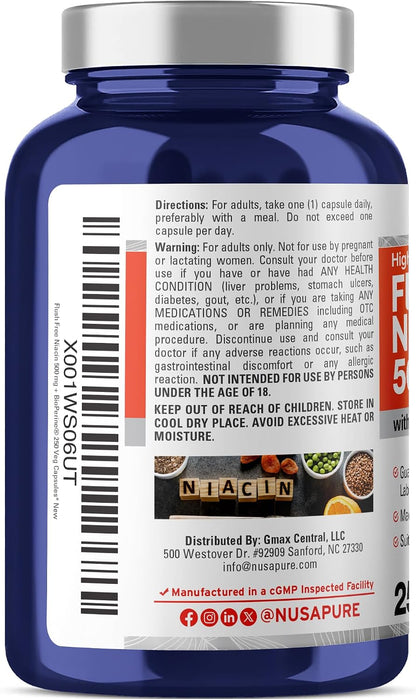 NusaPure Flush Free Niacin 500 mg – 250 Capsules