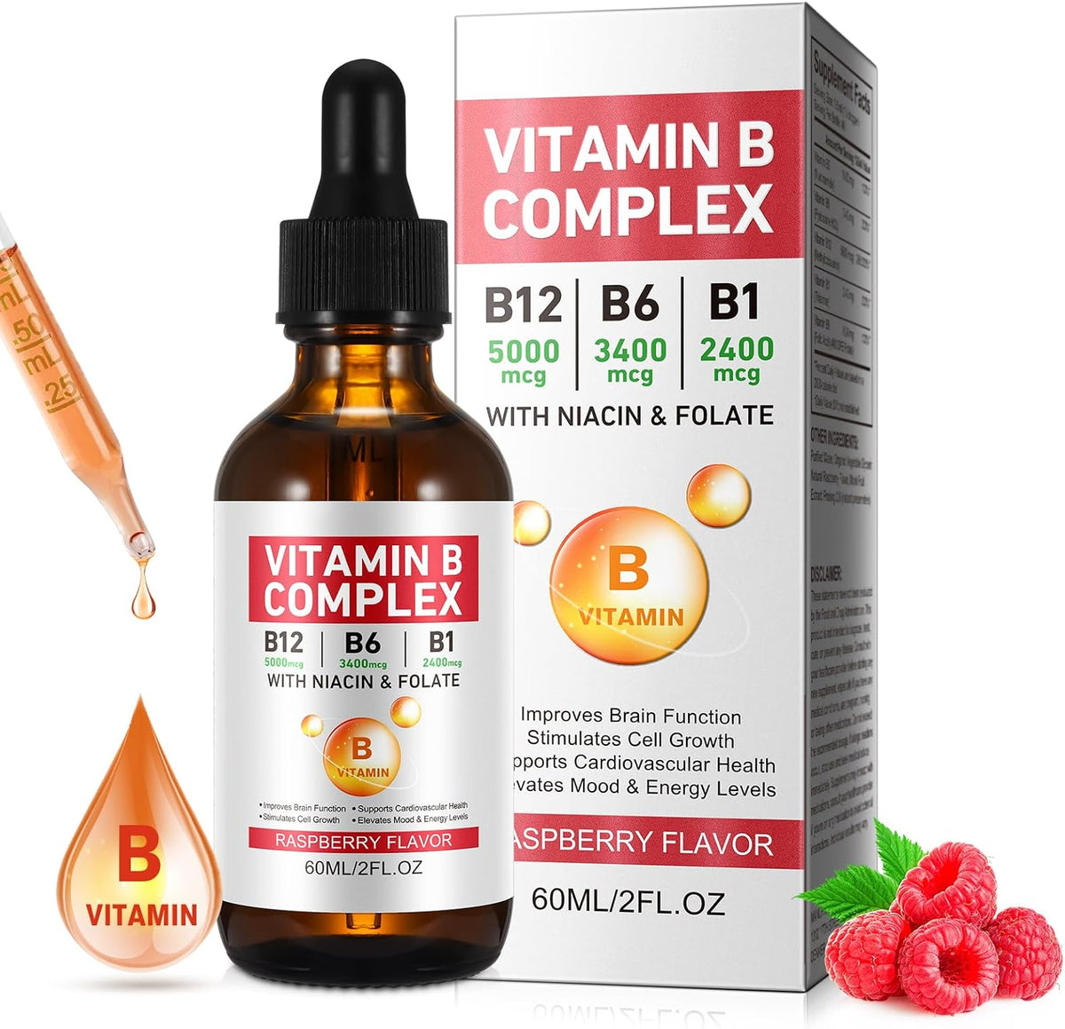 Vitamin B Complex Liquid, Vegan Vitamin B12 – Thiamine (B1) – 2,400 mcg: Essential for energy metabolism and nerve – Image 1