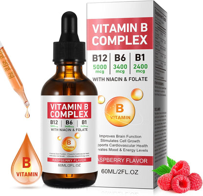 Vitamin B Complex Liquid, Vegan Vitamin B12 – Thiamine (B1) – 2,400 mcg: Essential for energy metabolism and nerve – Image 1