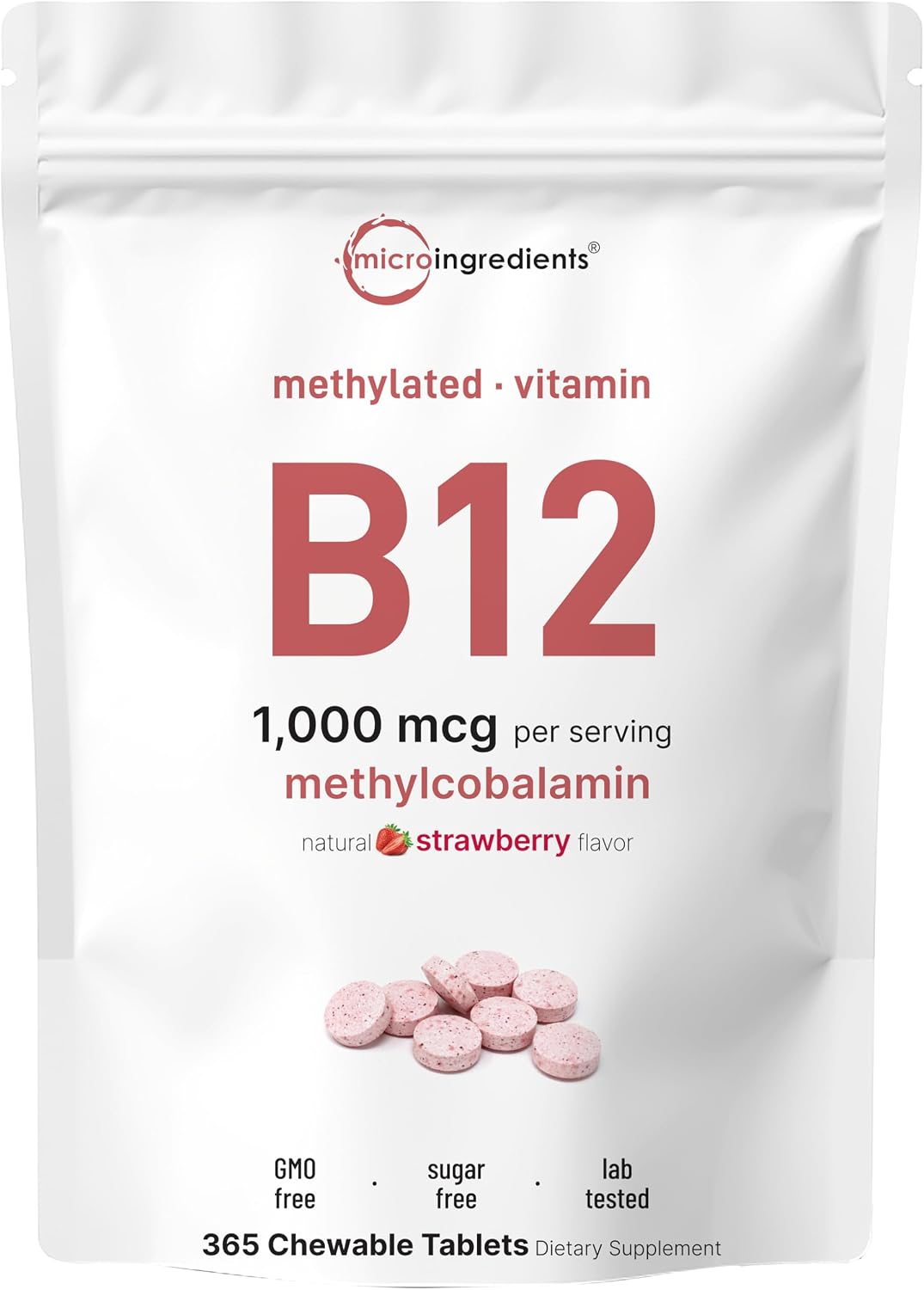 Micro Ingredients Vitamin B12 1,000 mcg Methylcobalamin – 365 Chewable Tablets, Fast Dissolve, Strawberry Flavour – Image 1