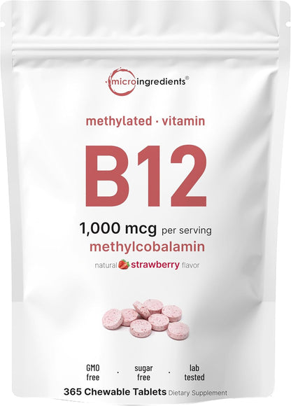 Micro Ingredients Vitamin B12 1,000 mcg Methylcobalamin – 365 Chewable Tablets, Fast Dissolve, Strawberry Flavour – Image 1