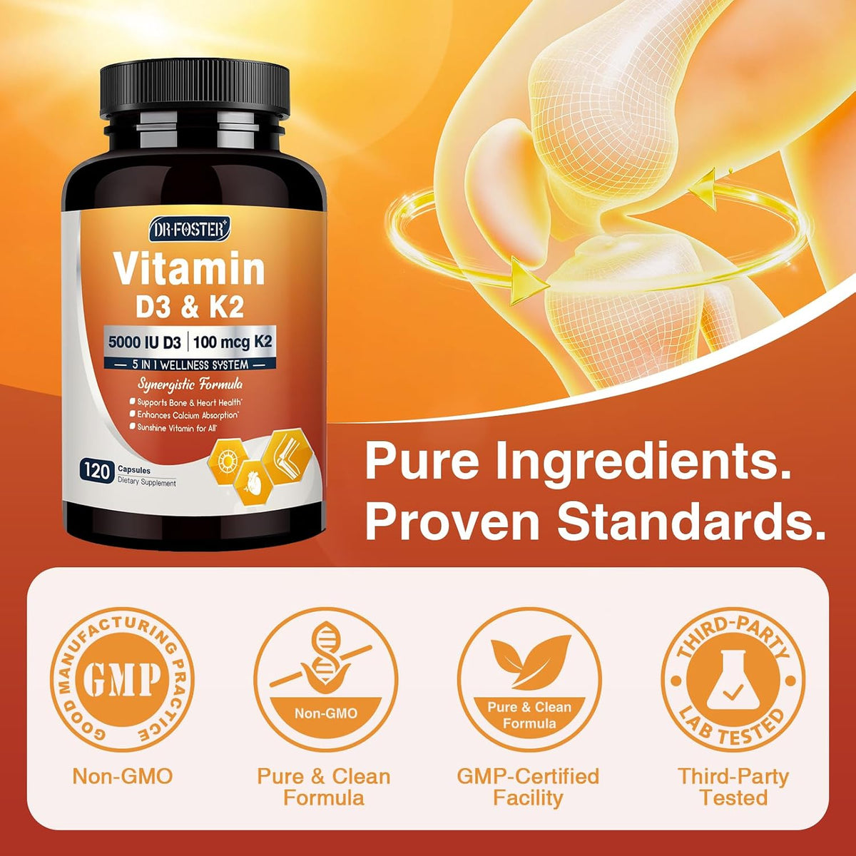 DRFOSTER Vitamin D3 & K2 Supplement - 5000 IU D3 + 100 mcg K2 (MK-7) with Vitamin E, Folic Acid & Methyl B12 - 120 Capsules – Image 7