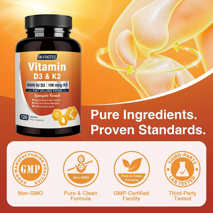 DRFOSTER Vitamin D3 & K2 Supplement - 5000 IU D3 + 100 mcg K2 (MK-7) with Vitamin E, Folic Acid & Methyl B12 - 120 Capsules – Image 7