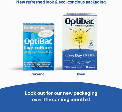 OptiBac Probiotics Every Day Extra 30 Capsules | High Strength Digestive Probiotics with 20 Billion CFU | Vegan Supplement with Lactobacillus Acidophilus NCFM | for Everyday Digestive Health
