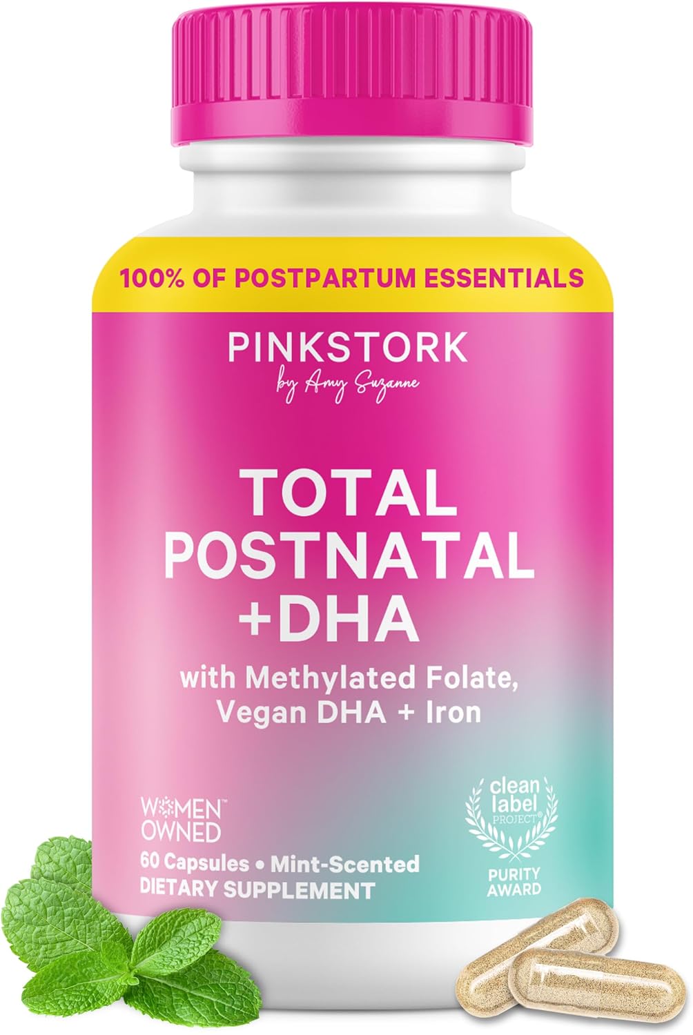 Pink Stork Total Postnatal Vitamins for Women's | Vegan Algae DHA, Methylated Folate, Iron, B12 | Postpartum Recovery + – Image 1