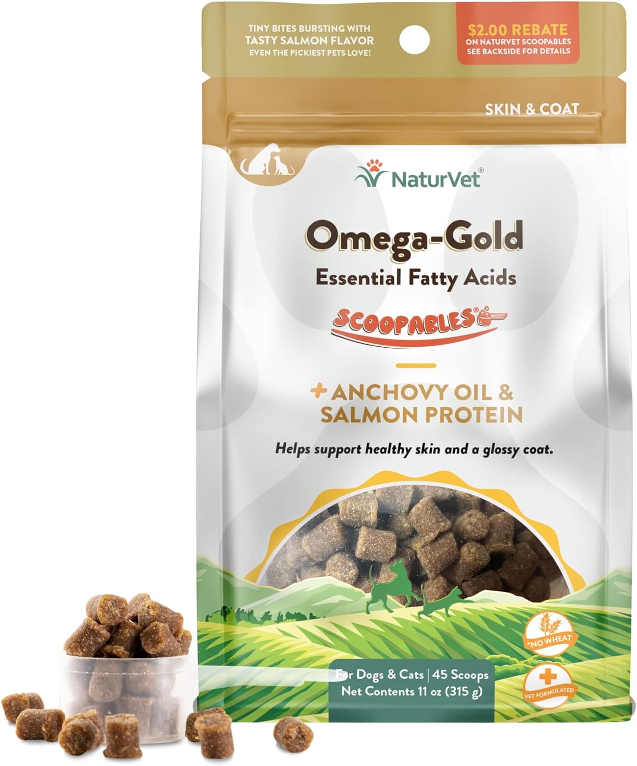 NaturVet Scoopables Omega-Gold Anchovy Oil & Salmon Supplement For Dogs and Cats – Supports Healthy Skin & Coat Plus DHA, EPA, Omega-3, & Omega-6 – Anchovy & Salmon Flavoured For Dog and Cat | 11oz Bag - görsel 1