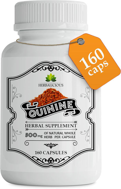 HERBALICIOUS Quinine Capsules - Cinchona Officinalis Bark Supplement for Leg Cramps & Digestive Health, 500mg, 160 Capsules