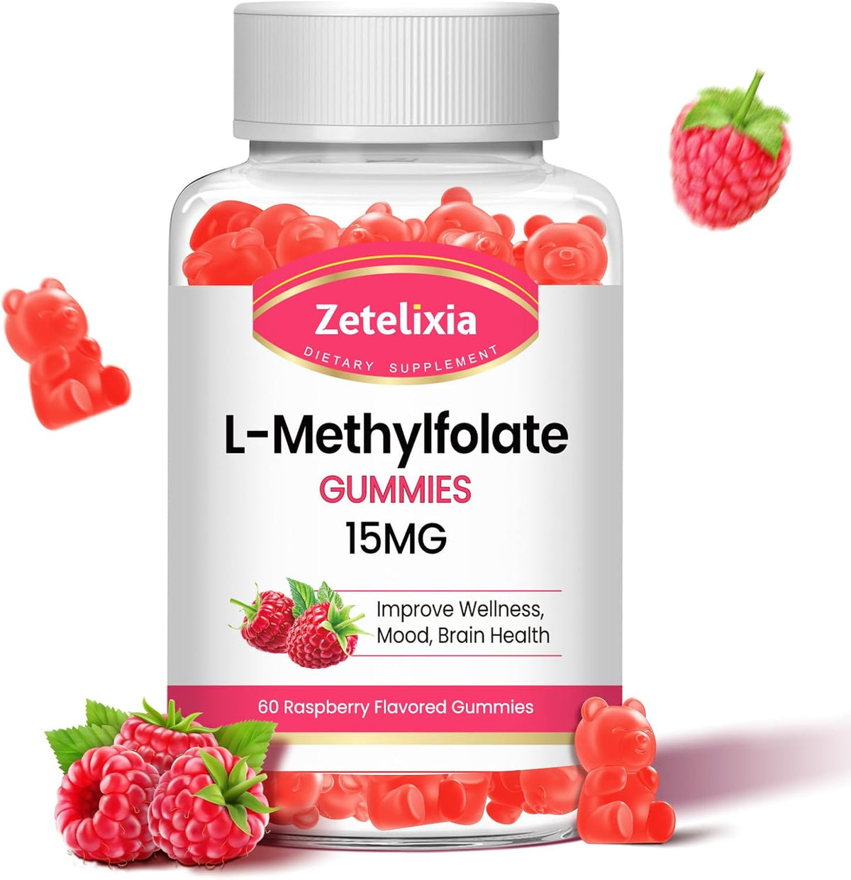 L-Methylfolate 15mg & Methyl B12 Gummies - Sugar-free, Vegan, Raspberry Flavour (60 Count) – Image 1